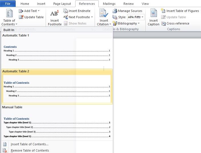 word manually format table of contents